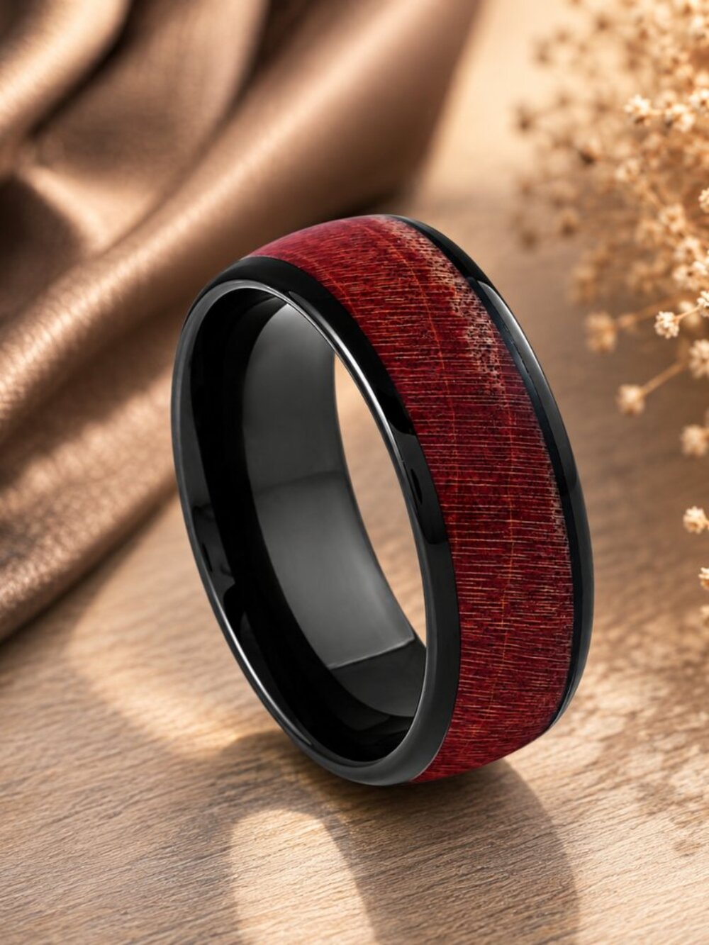 Black Tungsten Ring with Red Mahogany Wood Inlay - GALTUN1015-9